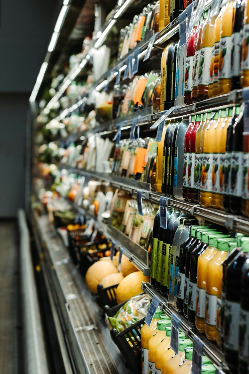 A typical scene in a supermarket showing the cooled goods.